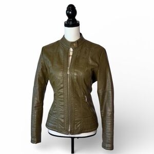 LA Coalition Faux Leather Green Moto Jacket with Gold Accents- Size Small